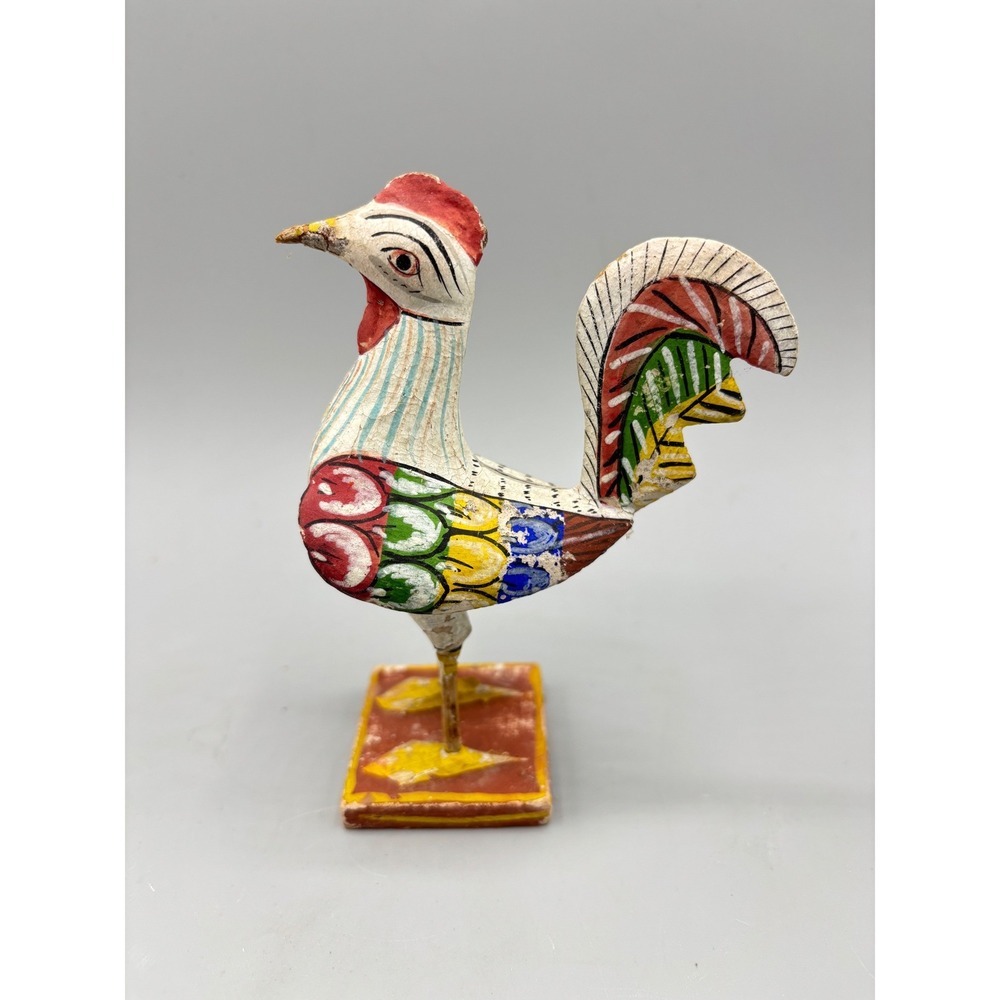 Vtg India Hand Painted Wooden Rooster Figurine Folk Art Chicken Sculpture Rustic